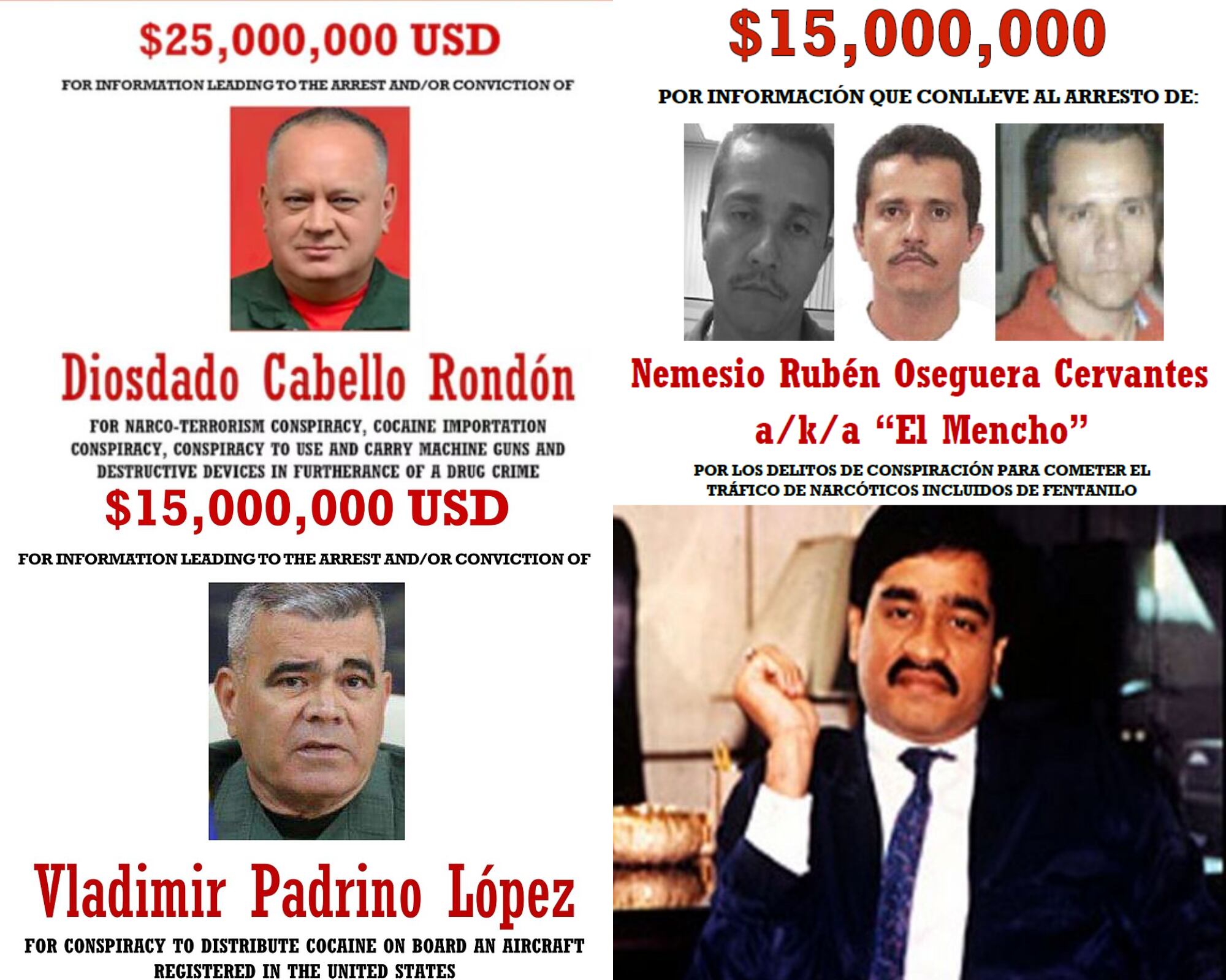 Diosdado Cabello, Dawood Ibrahim, Vladimir Padrino y Nemesio Rubén Oseguera