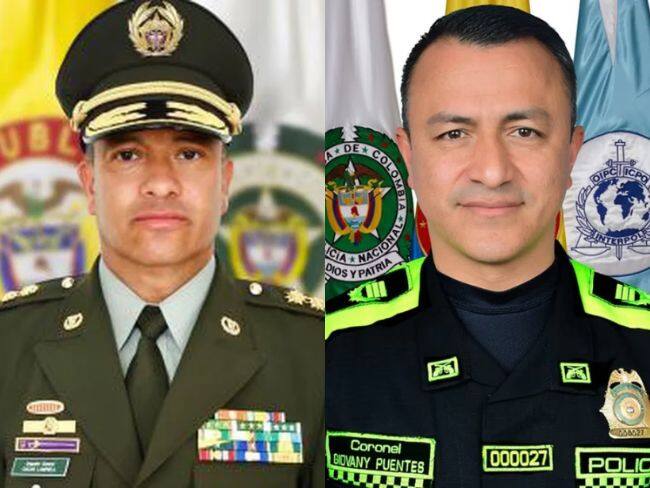 Generales Giovany Puentes Aguilar, director de Bienestar Social de la Policía Nacional, y Óscar Andrés Lamprea, comandante de la Policía Metropolitana del Valle de Aburrá.