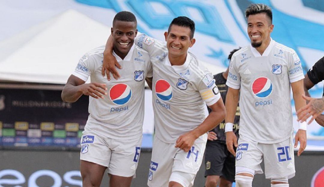 Andrés Román festeja su gol marcado ante el Once Caldas en Zipaquirá.