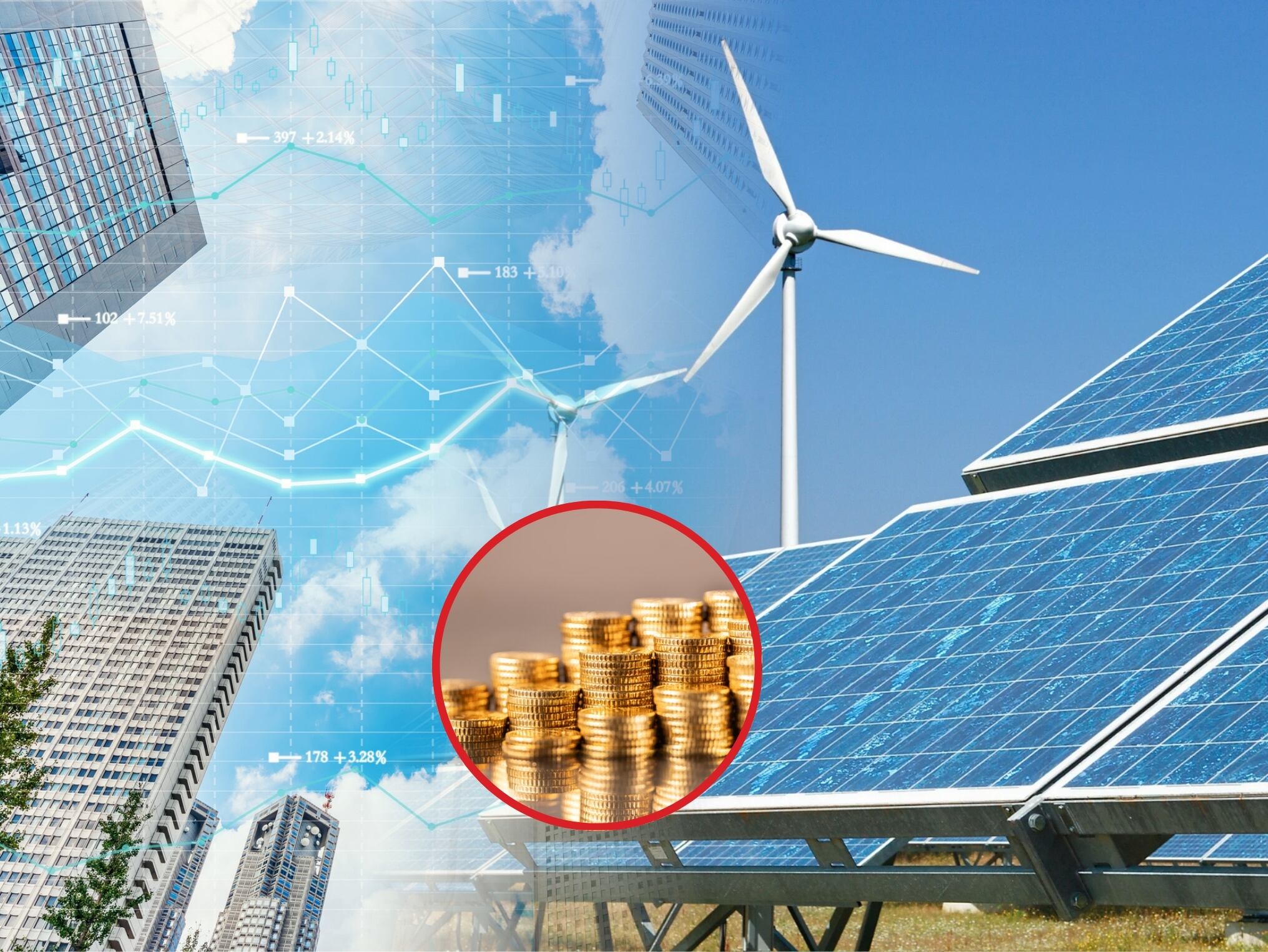 A la izquierda, imagen de referencia de una ciudad. A la derecha, un campo eólico donde se reúnen energías limpias. Abajo a la derecha: Imagen ilustrativa de dinero (Crédito: Getty Images)