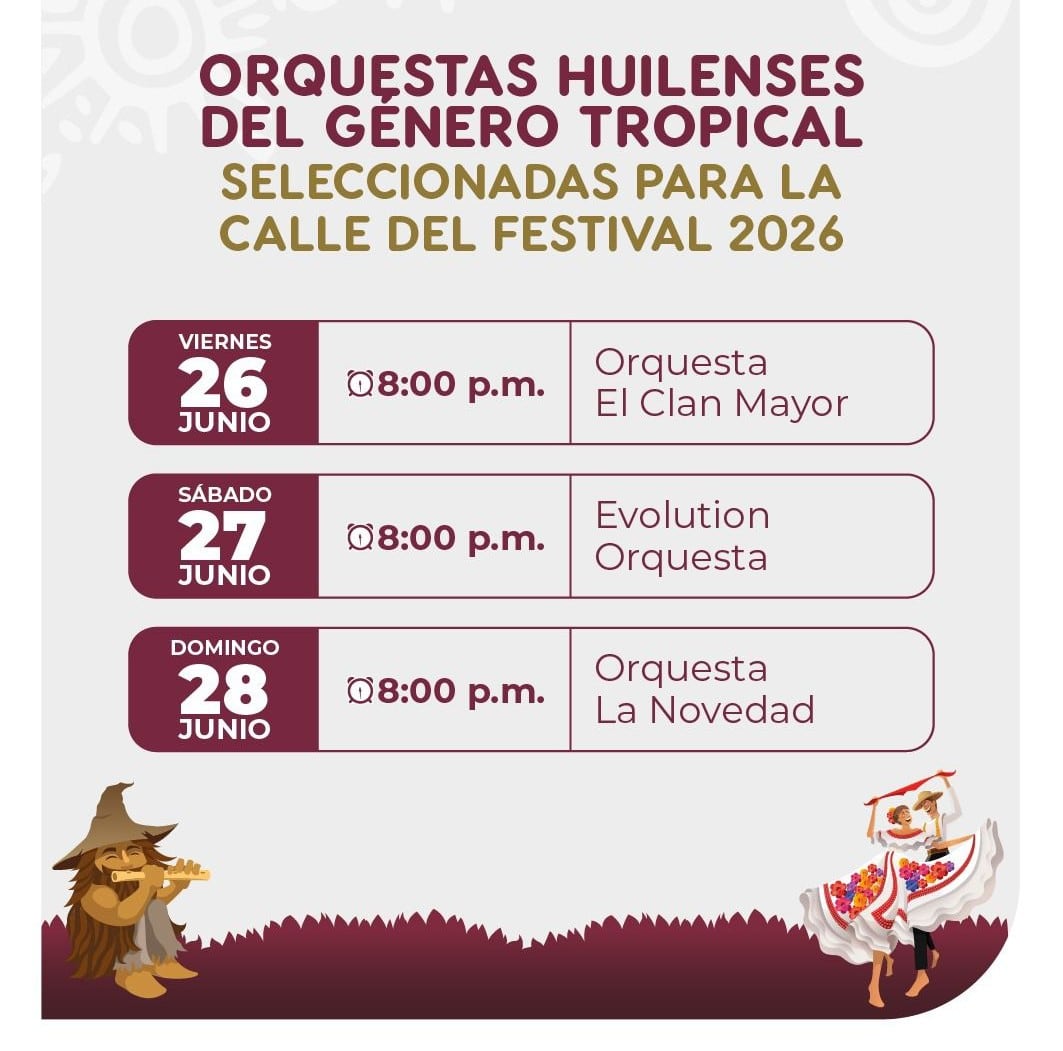 Orquesta El Clan Mayor; sábado 27 de junio, Evolution Orquesta, entre otras. Foto Gobernación Huila.