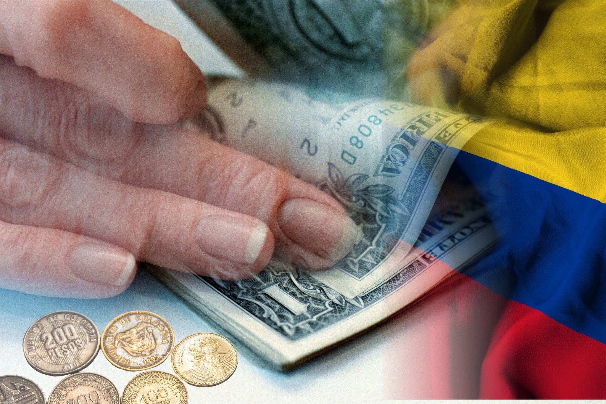 Imagen de las manos y los dólares tomada de Getty Imagenes (Crédito: Fairfax Media / Colaborador) // imagen de la bandera de Colombia tomada de Getty Imagenes (Crédito: Manuel Augusto Moreno) // imagen de las moneda colombianas tomada de Getty Imagenes (Crédito: Javier Ghersi) 