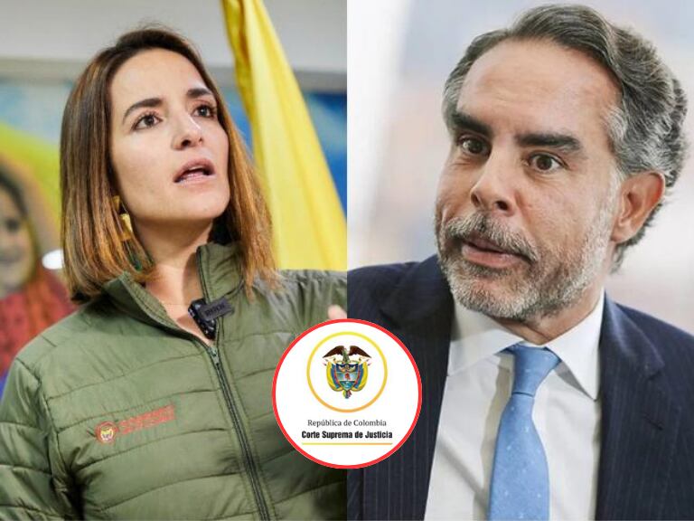 Logo de la Corte Suprema de Justicia y al fondo aRMANDO bENEDETTI Y   (Fotos vía COLPRENSA y cuenta de X de la entidad @CorteSupremaJ)