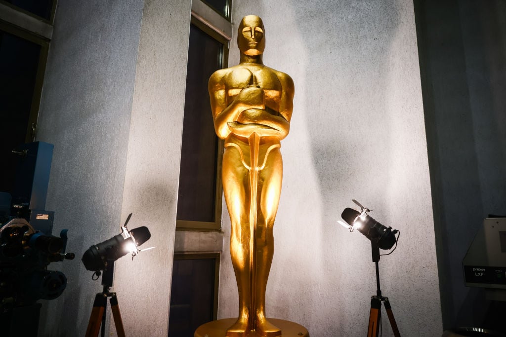 The Academy Award statuette giant replica is seen in Kino Kijow cinema two weeks before the 96th Oscars ceremony will take place in the Dolby Theatre in Hollywood, Los Angeles, California in the United states of America. Krakow, Poland on February 26, 2024.  (Photo by Beata Zawrzel/NurPhoto via Getty Images)
