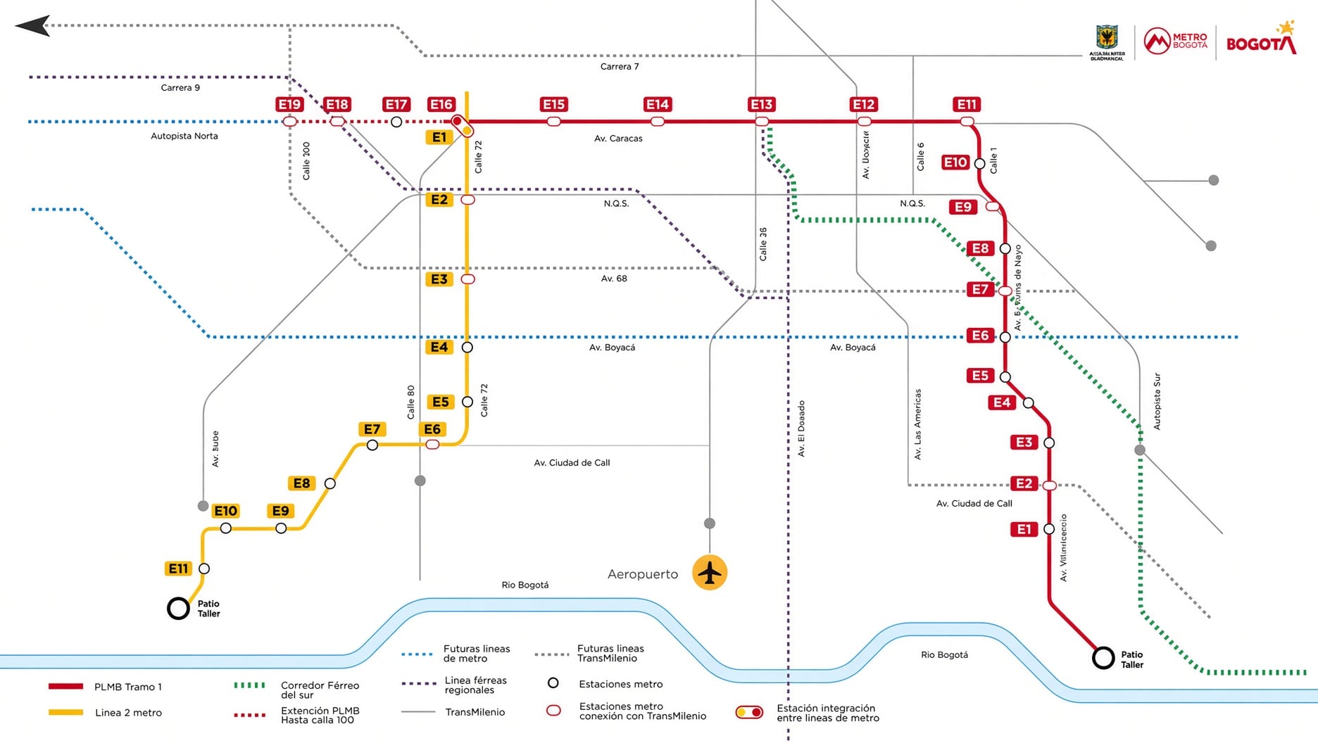 Mapa de la primera y segunda línea del metro de Bogotá. Crédito: Metro de Bogotá/Grok