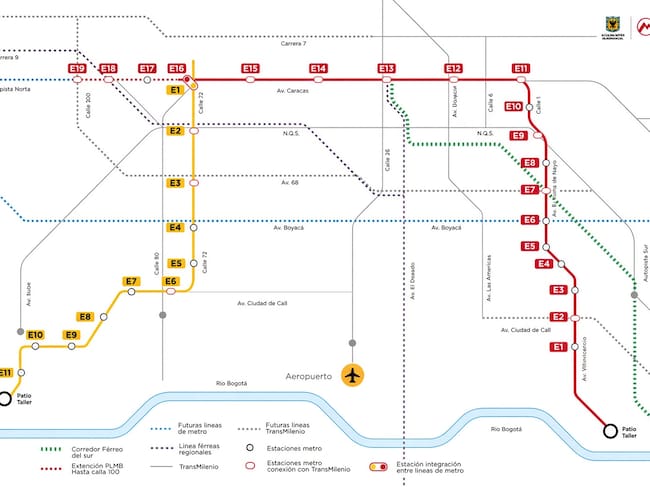 Mapa de la primera y segunda línea del metro de Bogotá. Crédito: Metro de Bogotá/Grok