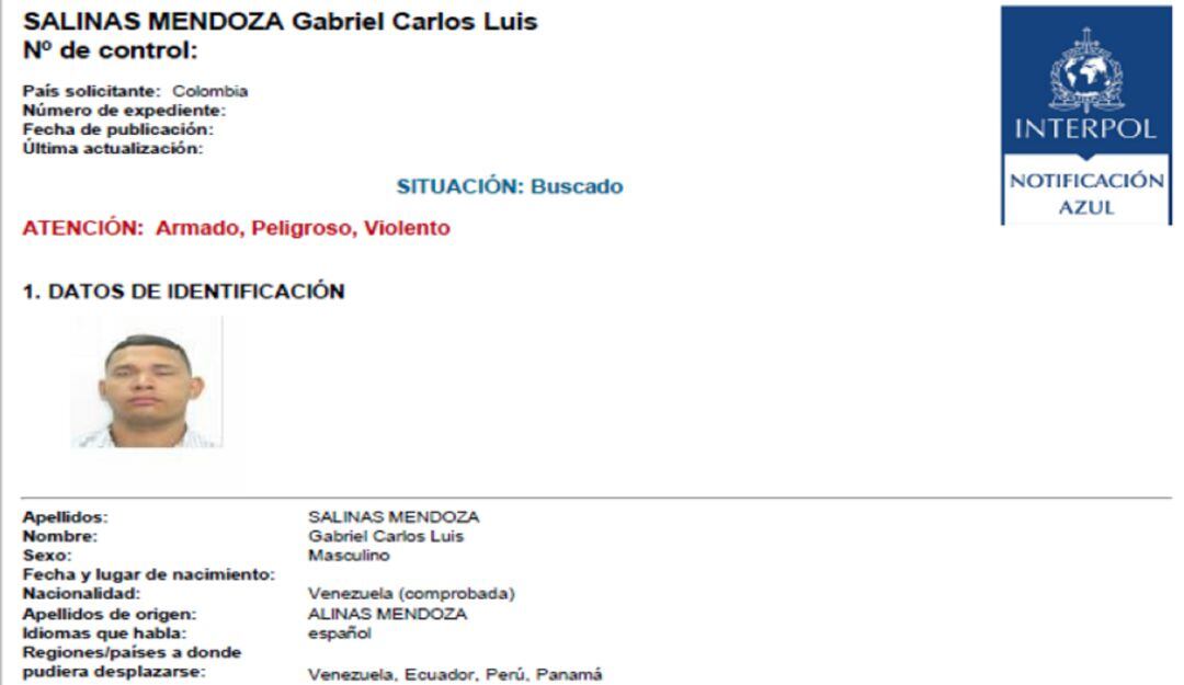 Circular de Interpol contra Gabriel Carlos Luis Salinas Mendoza.