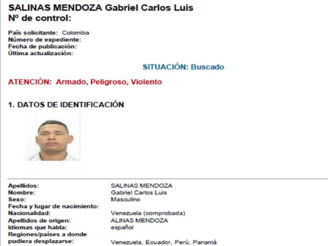 Circular de Interpol contra Gabriel Carlos Luis Salinas Mendoza.