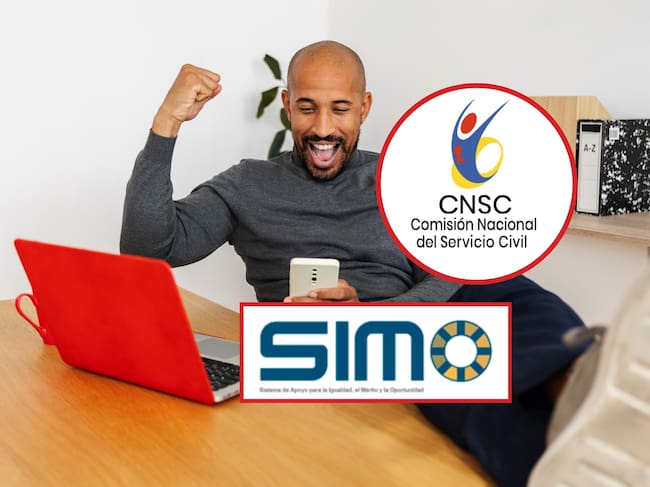 De fondo: Persona sentada celebrando una buena noticia (Crédito: Getty Images). Logos: Sistema de Apoyo para la Igualdad, el Mérito y La Oportunidad / Comisión Nacional del Servicio Civil (Crédito: CNSC)