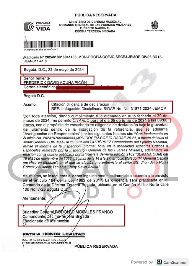 La citación a declarar del teniente Frederick Acuña, testigo del caso que se igue contra el general John Rojas