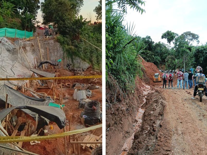 Foto Izq: obra en el sector de la Quiebra Balboa; foto Der: Deslizamiento de tierra en vía alterna La Virginia - Tambores. (fotos: comunidad)