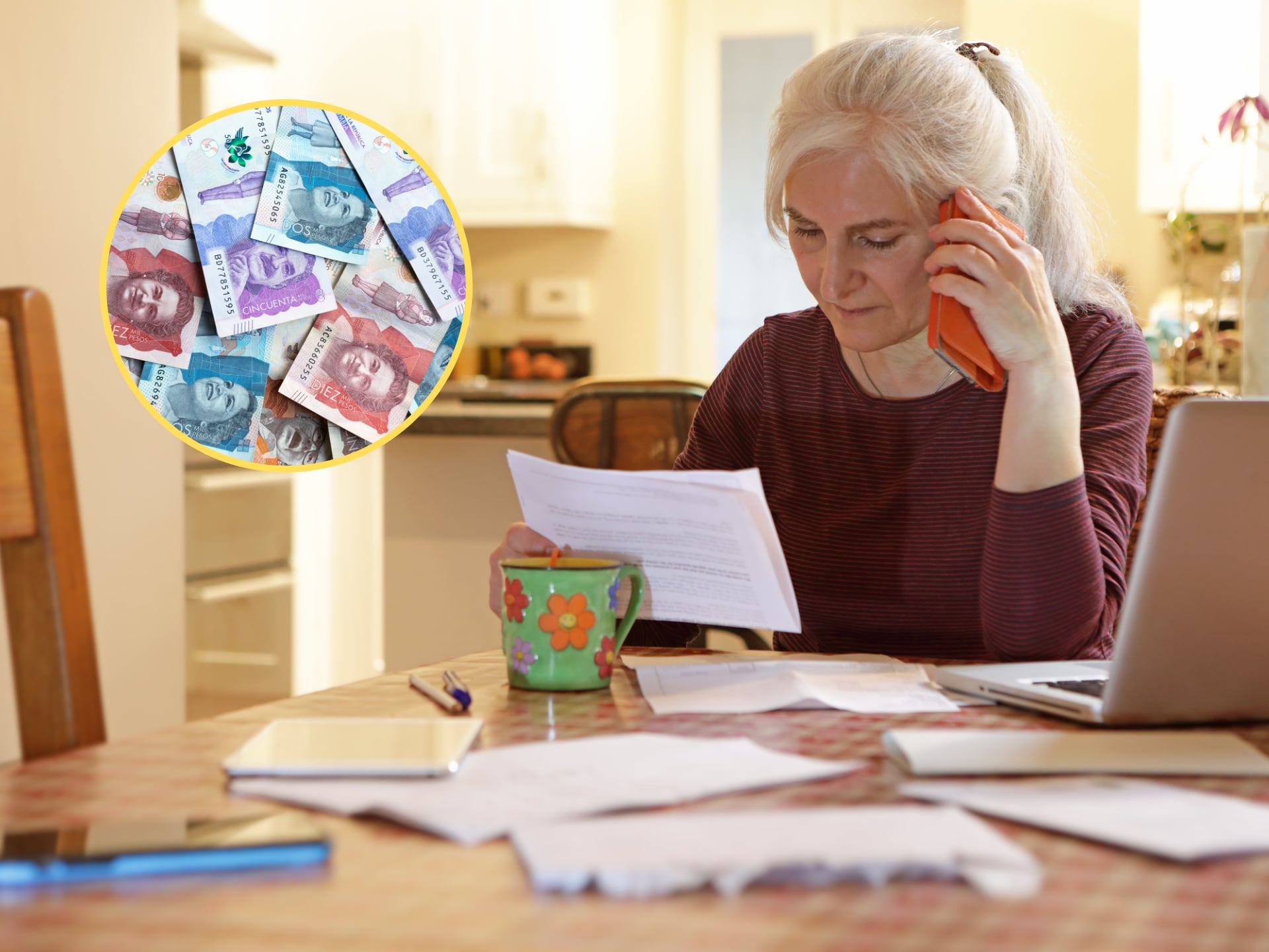 Mujer pensionada llamando por teléfono para averiguar sobre el retroactivo pensional. En el círculo, la imagen de billetes colombianos de diferente denominación (Fotos vía GettyImages)