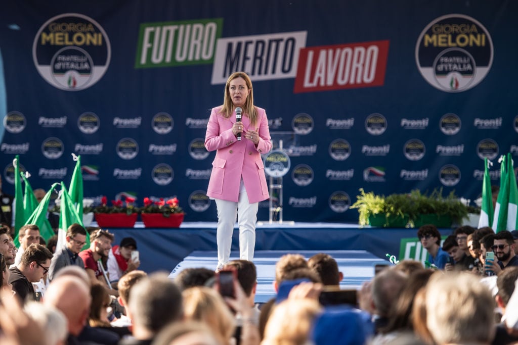 NAPOLI, ITALY - SEPTEMBER 23: Giorgia Meloni leader of "Fratelli d'Italia"during the election closure of "Fratelli d'Italia" in Bagnoli on September 23, 2022 in Napoli, Italy. Italians head to the polls for general elections on September 25, 2022. (Photo by Ivan Romano/Getty Images)