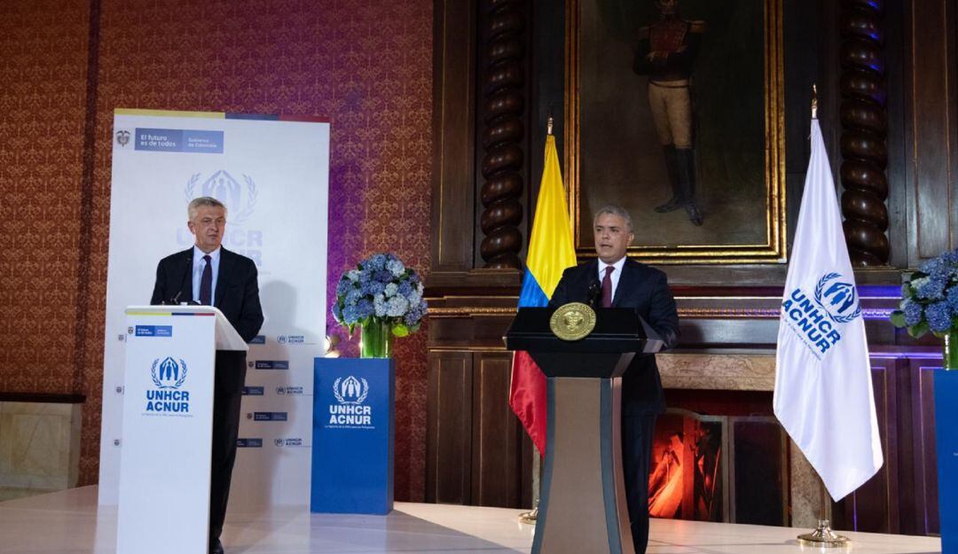 Presidente Iván Duque y   Alto Comisionado de las Naciones Unidas para los Refugiados (ACNUR), Filippo Grandi, durante la presentación del Estatuto de Protección para migrantes venezolanos.