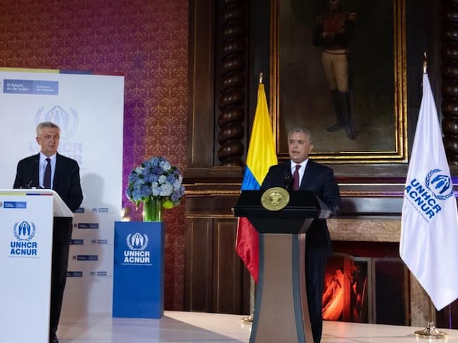 Presidente Iván Duque y   Alto Comisionado de las Naciones Unidas para los Refugiados (ACNUR), Filippo Grandi, durante la presentación del Estatuto de Protección para migrantes venezolanos.