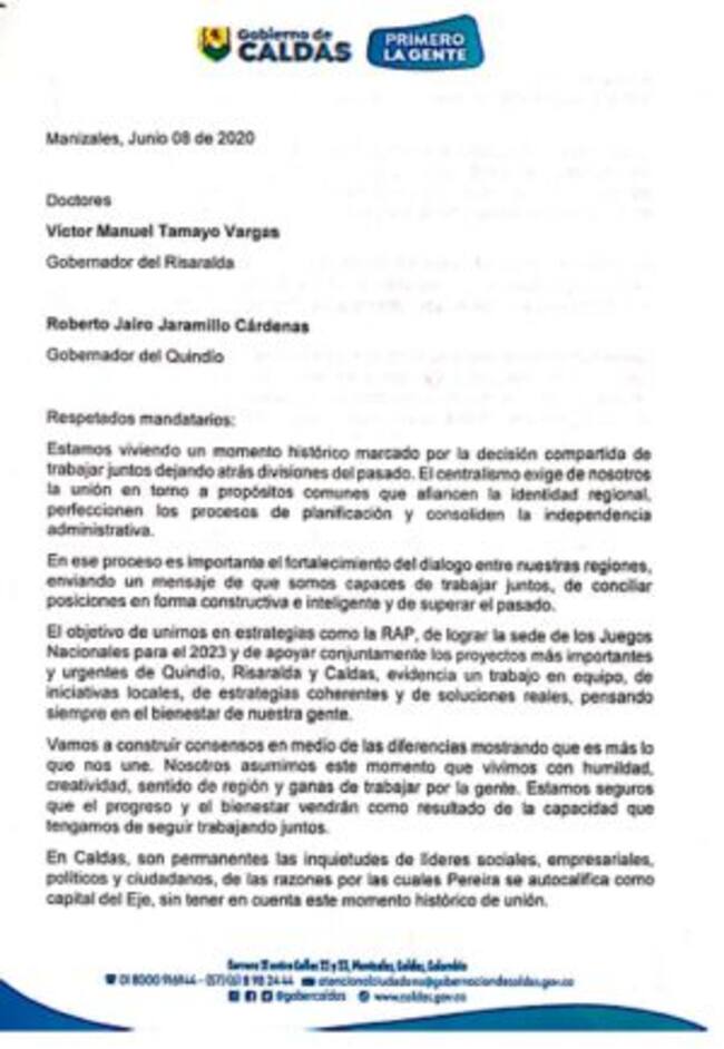 Carta al Gobernador de Risaralda