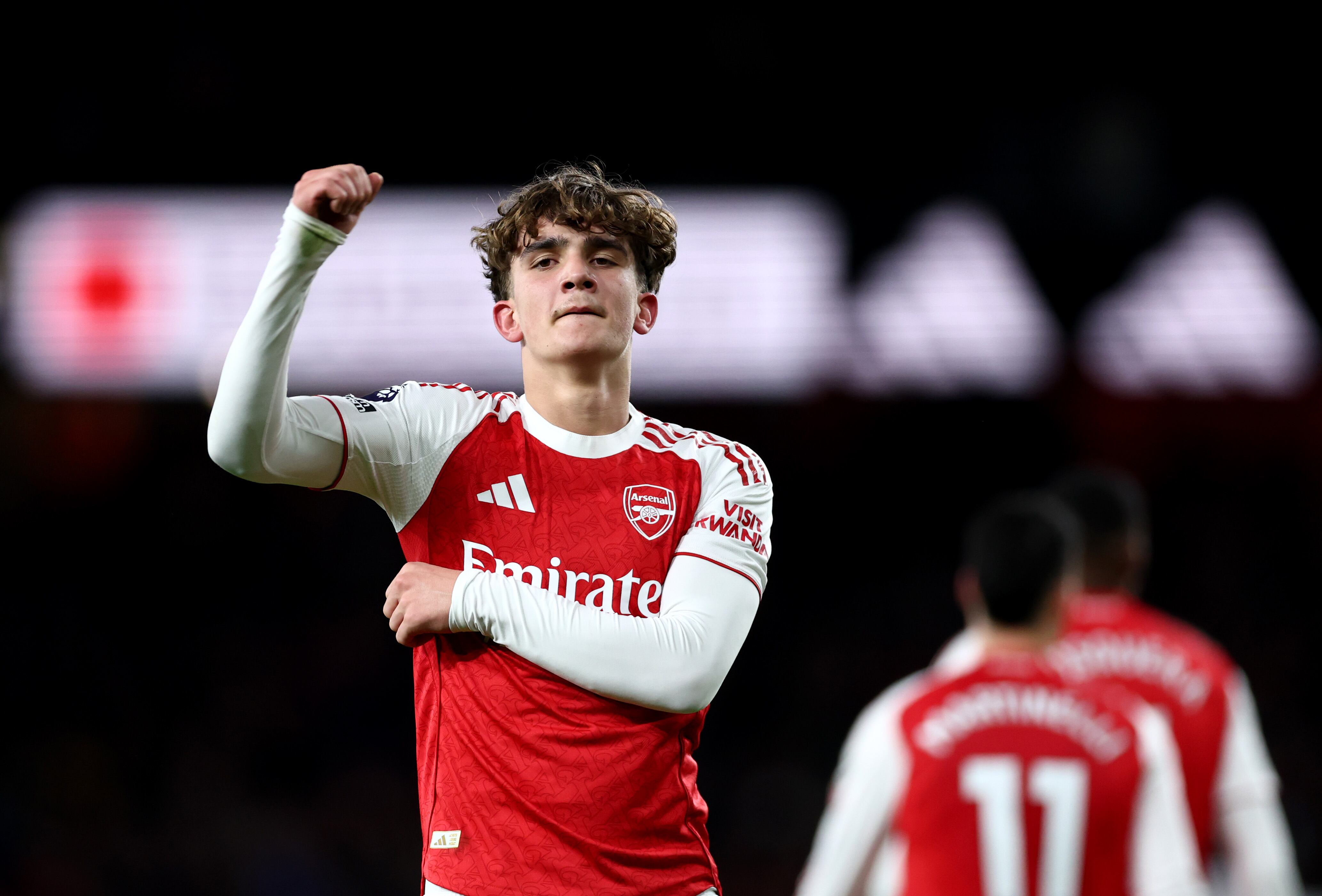 LONDON, ENGLAND - MARCH 14: Max Dowman of Arsenal celebrates scoring his team's second goal during the Premier League match between Arsenal and Everton at Emirates Stadium on March 14, 2026 in London, England. (Photo by Alex Pantling/Getty Images)