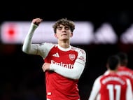 LONDON, ENGLAND - MARCH 14: Max Dowman of Arsenal celebrates scoring his team's second goal during the Premier League match between Arsenal and Everton at Emirates Stadium on March 14, 2026 in London, England. (Photo by Alex Pantling/Getty Images)