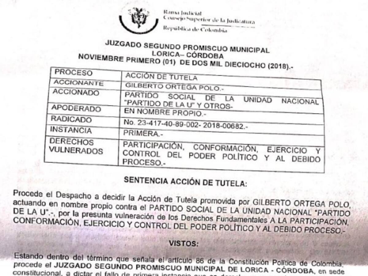 Juez ordena a La U enviar terna para elegir gobernador (e) de Córdoba