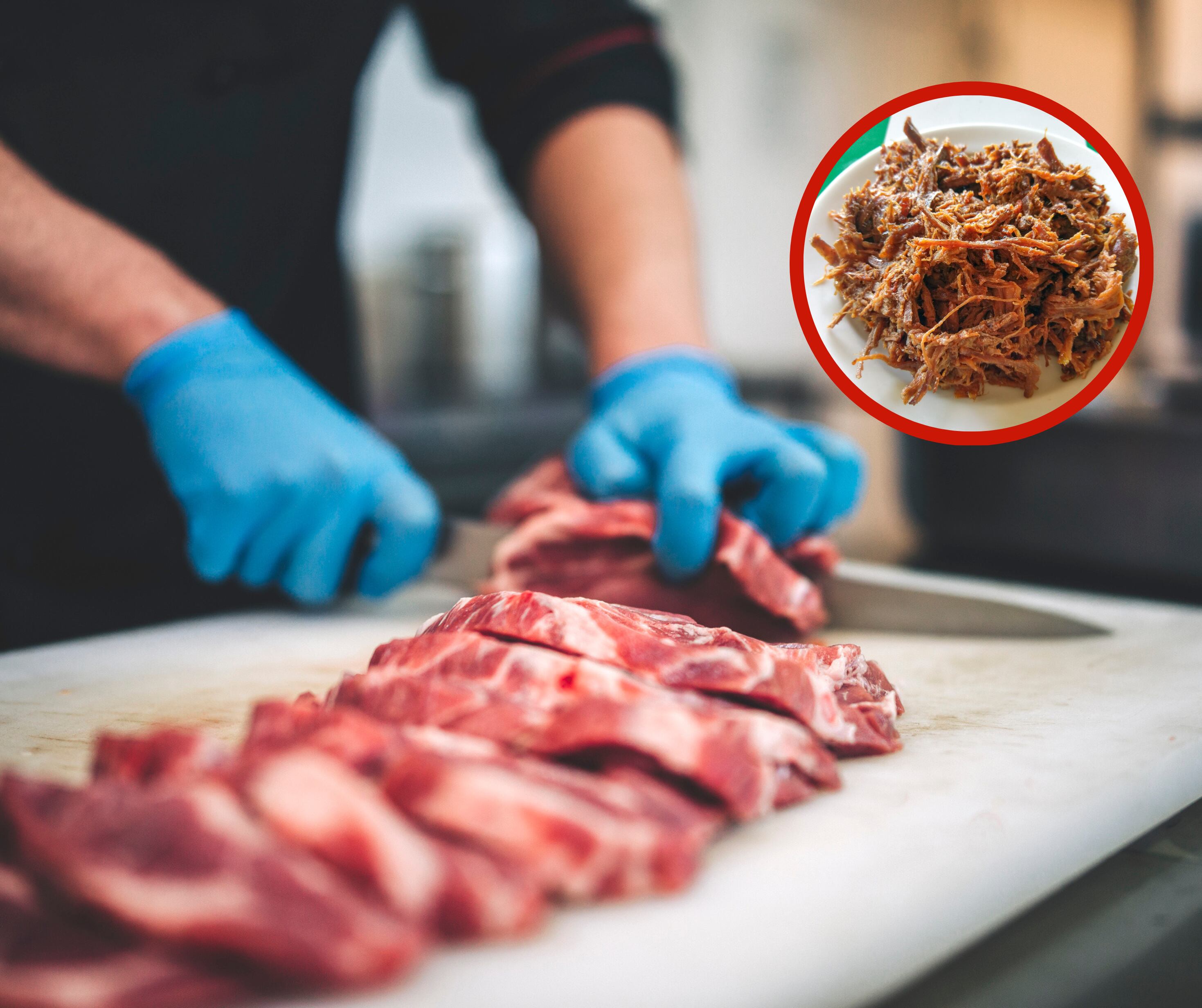 Hombre cortando carne sobre una tabla junto a una imagen de carne desmechada (Getty Images)