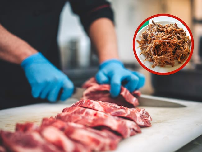 Hombre cortando carne sobre una tabla junto a una imagen de carne desmechada (Getty Images)