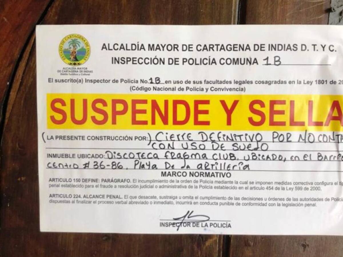 Cierre definitivo a establecimiento en el Centro Histórico de Cartagena