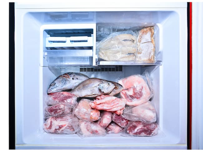 Pescado, carne de res, cerdo y pollo guardado en el congelador de una nevera de casa (Getty Images)