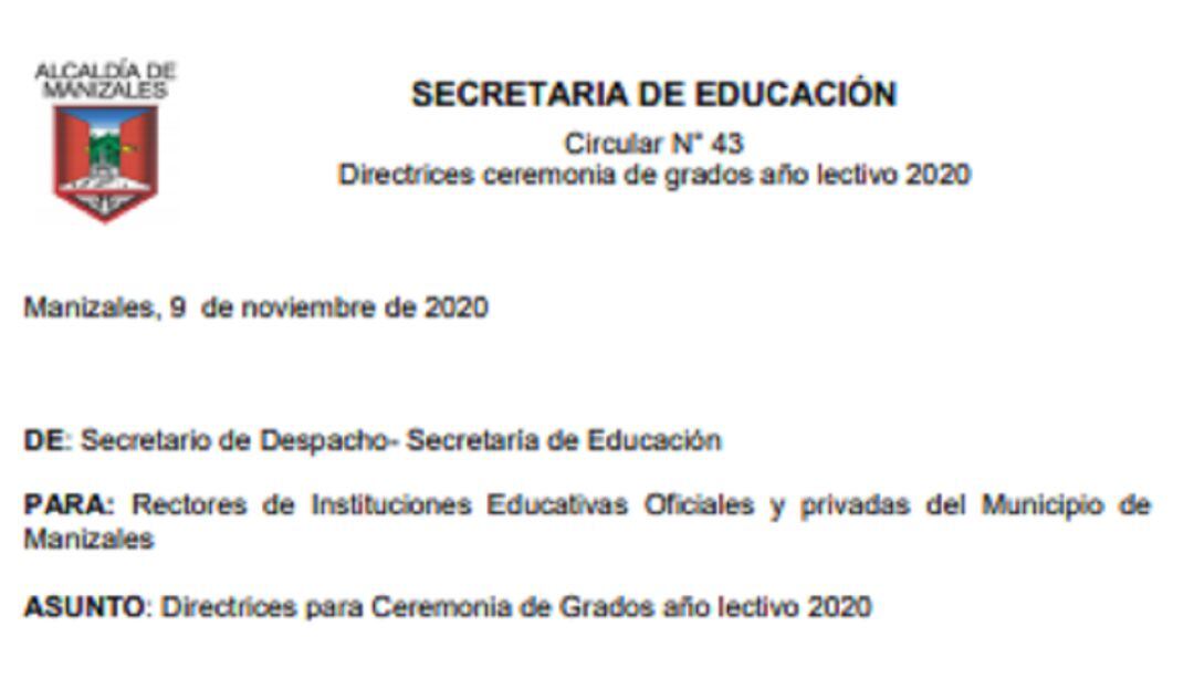 Circular de la Secretaría de Educación de Manizales