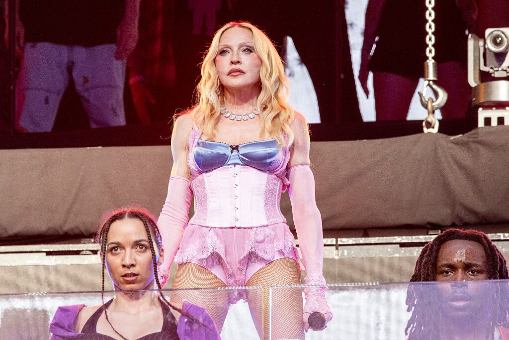 NEW YORK, NEW YORK - JUNE 04: Madonna performs during a surprise concert in Times Square on June 04, 2026 in New York City. (Photo by Santiago Felipe/GC Images)