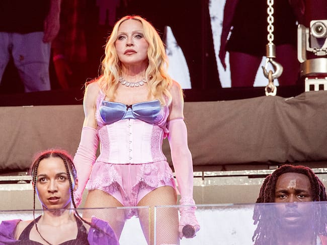 NEW YORK, NEW YORK - JUNE 04: Madonna performs during a surprise concert in Times Square on June 04, 2026 in New York City. (Photo by Santiago Felipe/GC Images)