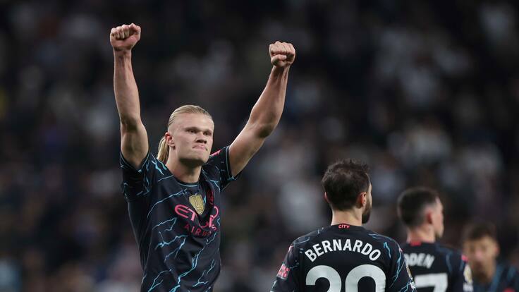 London (United Kingdom), 14/05/2024.- Manchester City&#039;s Erling Haaland celebrates after scoring the 0-2 goal during the English Premier League soccer match between Tottenham Hotspur and Manchester City, in London, Britain, 11 May 2024. (Reino Unido, Londres) EFE/EPA/NEIL HALL EDITORIAL USE ONLY. No use with unauthorized audio, video, data, fixture lists, club/league logos, &#039;live&#039; services or NFTs. Online in-match use limited to 120 images, no video emulation. No use in betting, games or single club/league/player publications.