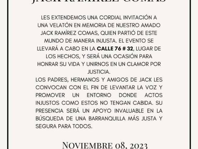 Invitación velatón Jack Ramírez /Redes