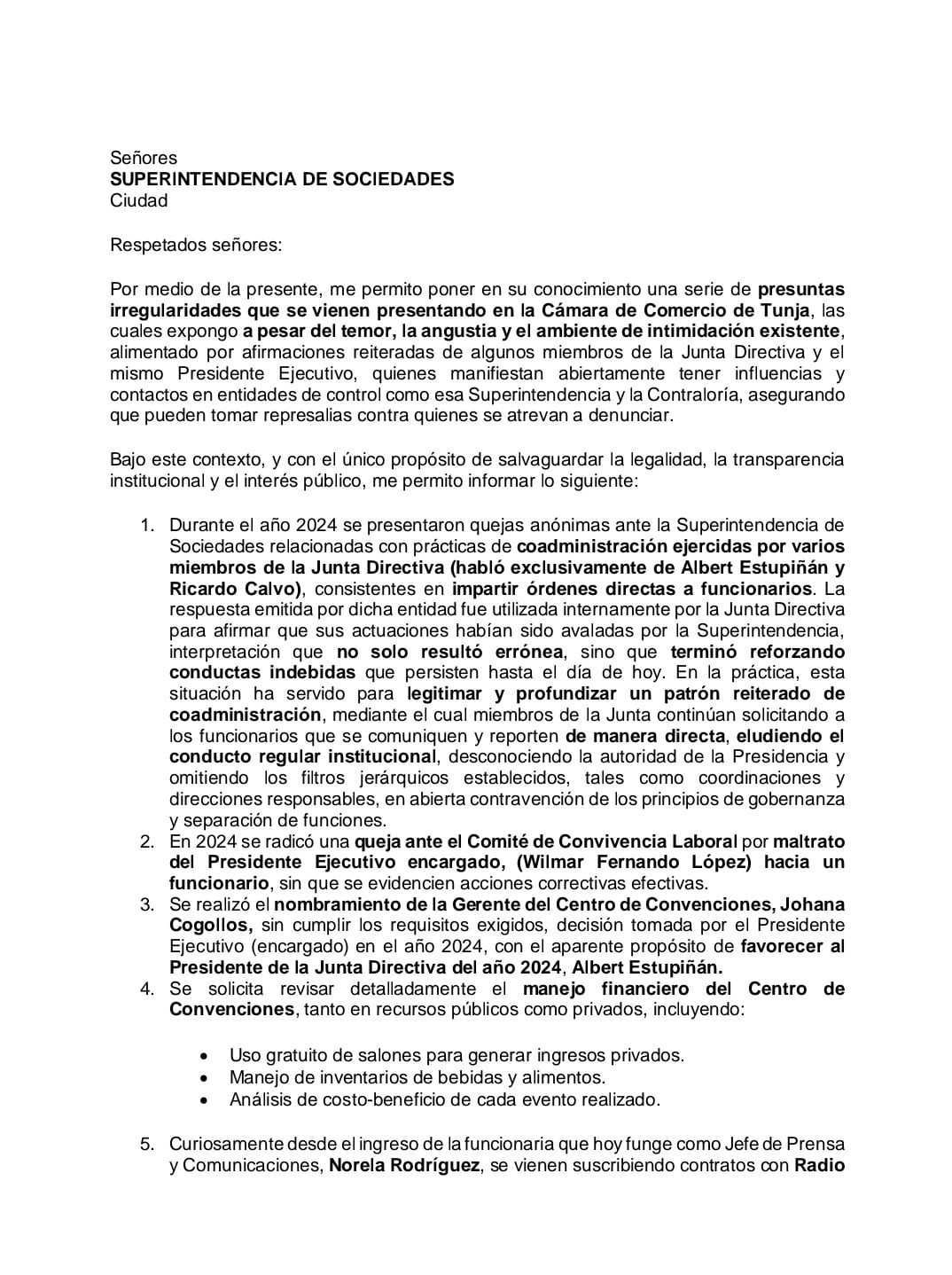 Queja anónima contra la Cámara de Comercio de Tunja, directivos y miembros de la junta.