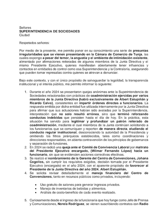 Queja anónima contra la Cámara de Comercio de Tunja, directivos y miembros de la junta.