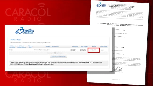 El registro en Cámara de Comercio de Juan Tovar como nombre comercial. aparece cancelado.