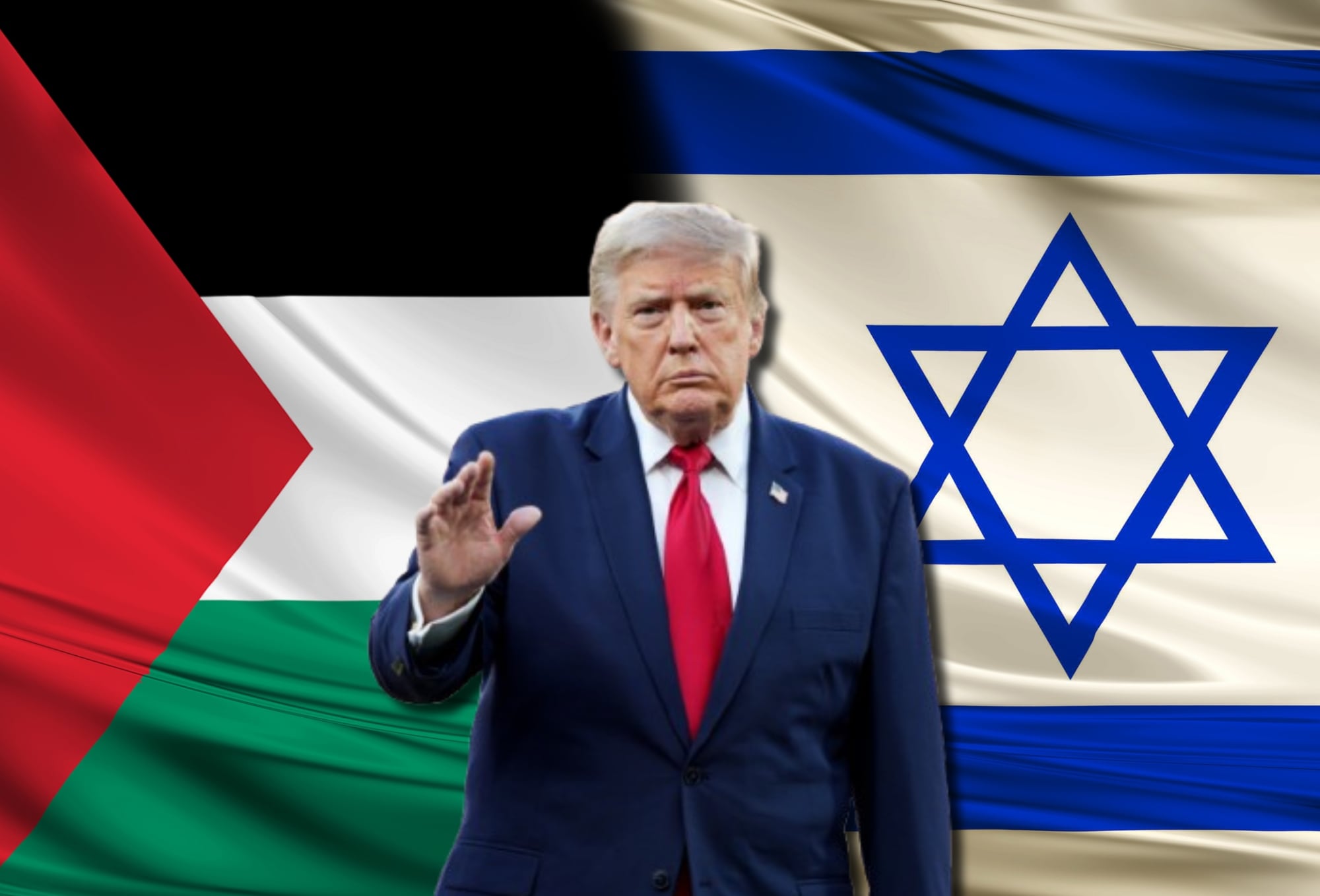 Banderas de Palestina e Israel y Donald Trump. Fotos: Getty Images / (Photo by Pablo Morano/BSR Agency/Getty Images)