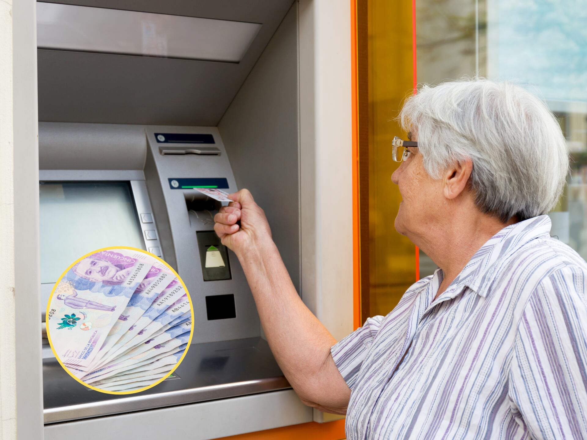 Mujer de la tercera edad retirando dinero de un cajero automático. En el círculo, la imagen del billete de 50 mil pesos colombianos / Fotos: GettyImages
