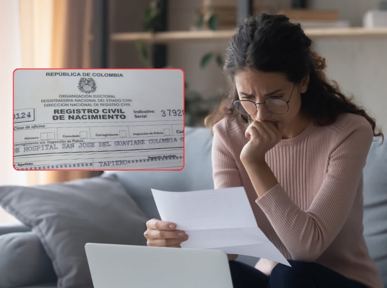 Mujer preocupada por errores en el documento que tiene en su mano (Getty Images) / Registro civil (Colprensa)