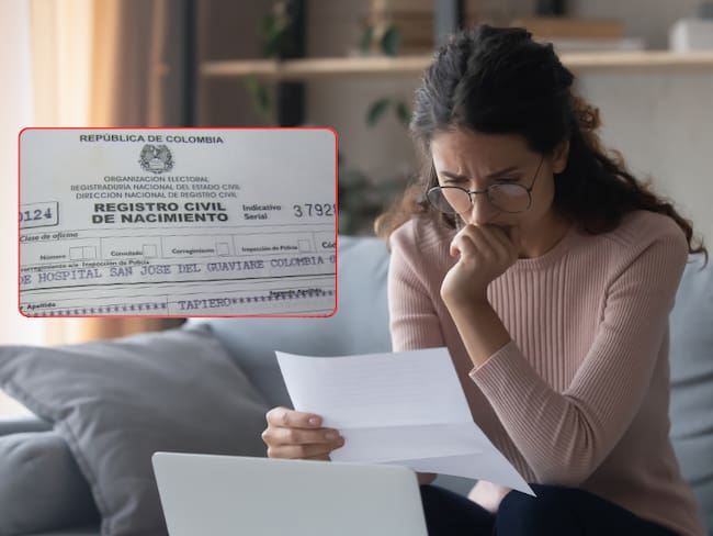 Mujer preocupada por errores en el documento que tiene en su mano (Getty Images) / Registro civil (Colprensa)
