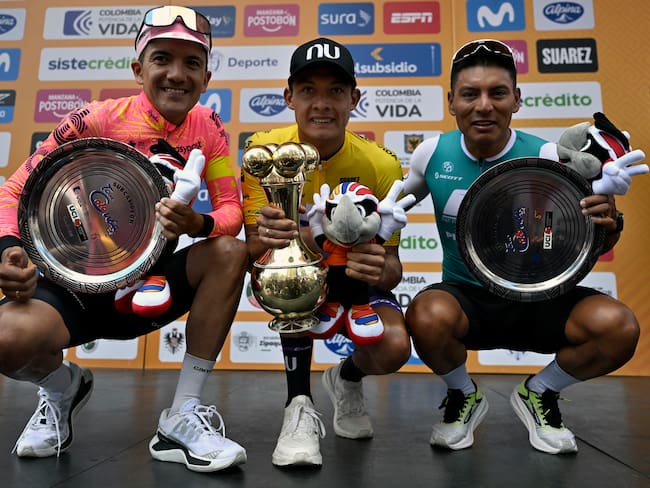 Podio final / Tour Colombia UCI 2024, in Bogota, Colombia, on February 11, 2024. (Photo by Luis Acosta / AFP) (Photo by LUIS ACOSTA/AFP via Getty Images)