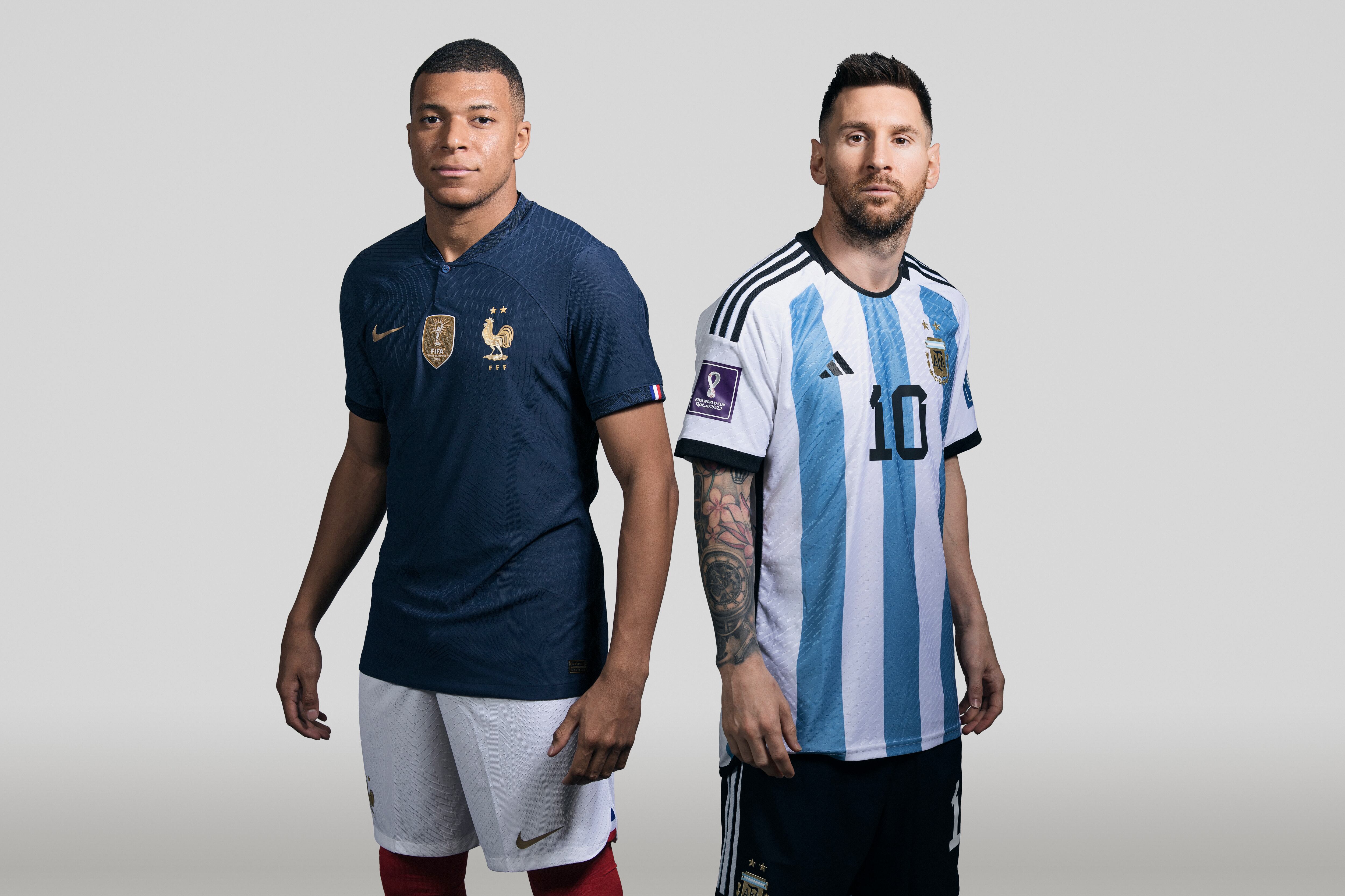(EDITORS NOTE: THIS IMAGE HAS BEEN RETOUCHED) In this composite image, a comparison has been made between (L-R) Kylian Mbappe of France and Lionel Messi of Argentina, who are posing during the official FIFA World Cup 2022 portrait sessions. Argentina and France meet in the final of the FIFA World Cup Qatar 2022. (Photo by FIFA/FIFA via Getty Images)