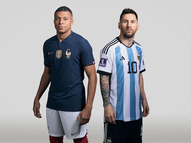 (EDITORS NOTE: THIS IMAGE HAS BEEN RETOUCHED) In this composite image, a comparison has been made between (L-R) Kylian Mbappe of France and Lionel Messi of Argentina, who are posing during the official FIFA World Cup 2022 portrait sessions. Argentina and France meet in the final of the FIFA World Cup Qatar 2022. (Photo by FIFA/FIFA via Getty Images)