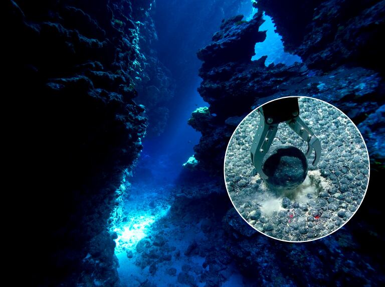 Fondo del mar (Getty Images) / Nódulos que producirían el oxígeno negro al fondo del mar (Science Photo Library/NOAA de la BBC)