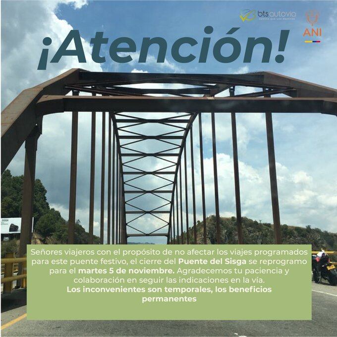 El cierre de El Sisga ahora será desde el martes 5 de noviembre. Imagen | Concesión BTS Autovía