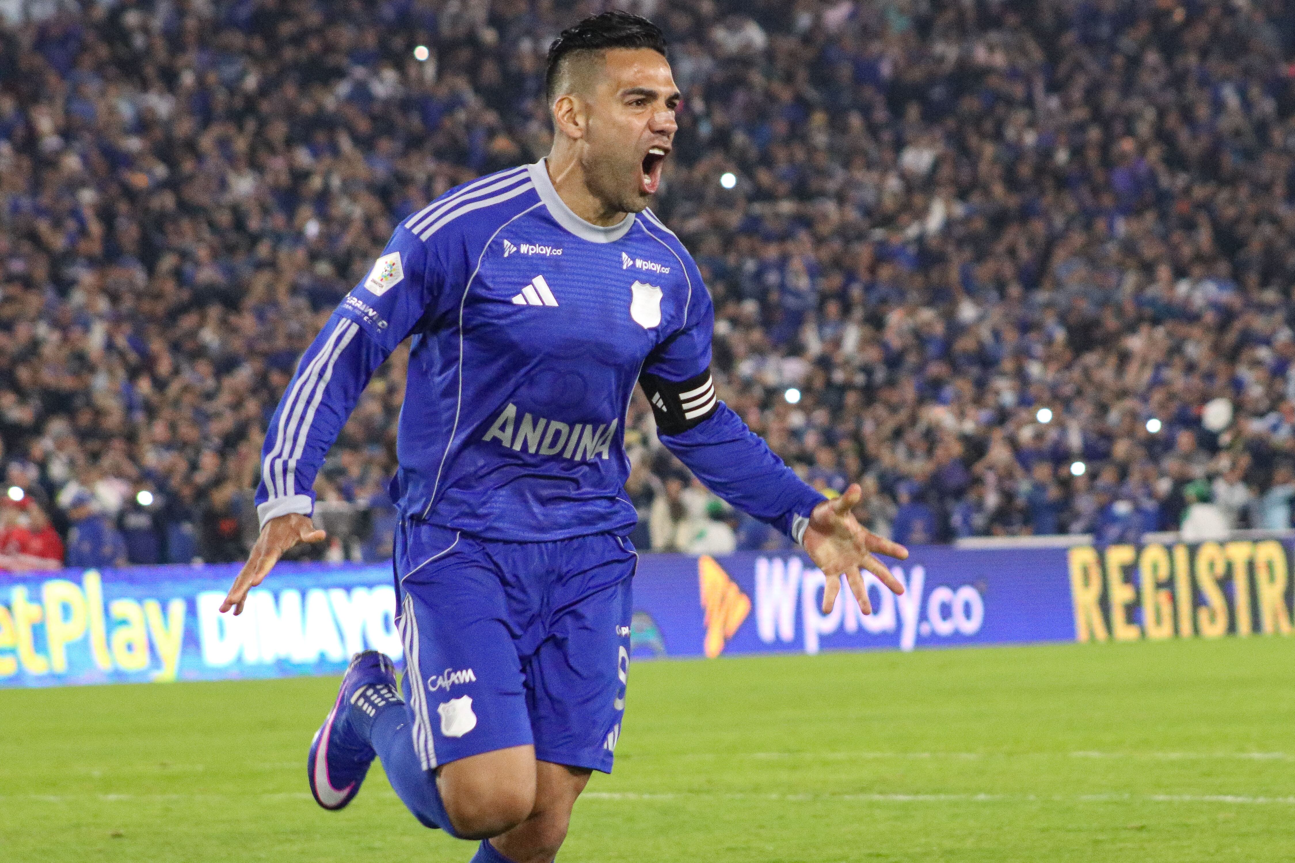 Millonarios F.C's Radamel Falcao Garcia celebrates a goal during the BetPlay Dimayor match between Millonarios F.C (1) V Aguilas Doradas (0) in Bogota, Colombia's Nemesio Camacho El Campin Stadium on February 11, 2026. (Photo by: Jorge Londono/Long Visual Press/Universal Images Group via Getty Images)