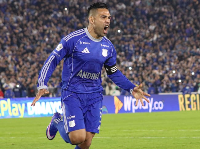 Millonarios F.C's Radamel Falcao Garcia celebrates a goal during the BetPlay Dimayor match between Millonarios F.C (1) V Aguilas Doradas (0) in Bogota, Colombia's Nemesio Camacho El Campin Stadium on February 11, 2026. (Photo by: Jorge Londono/Long Visual Press/Universal Images Group via Getty Images)