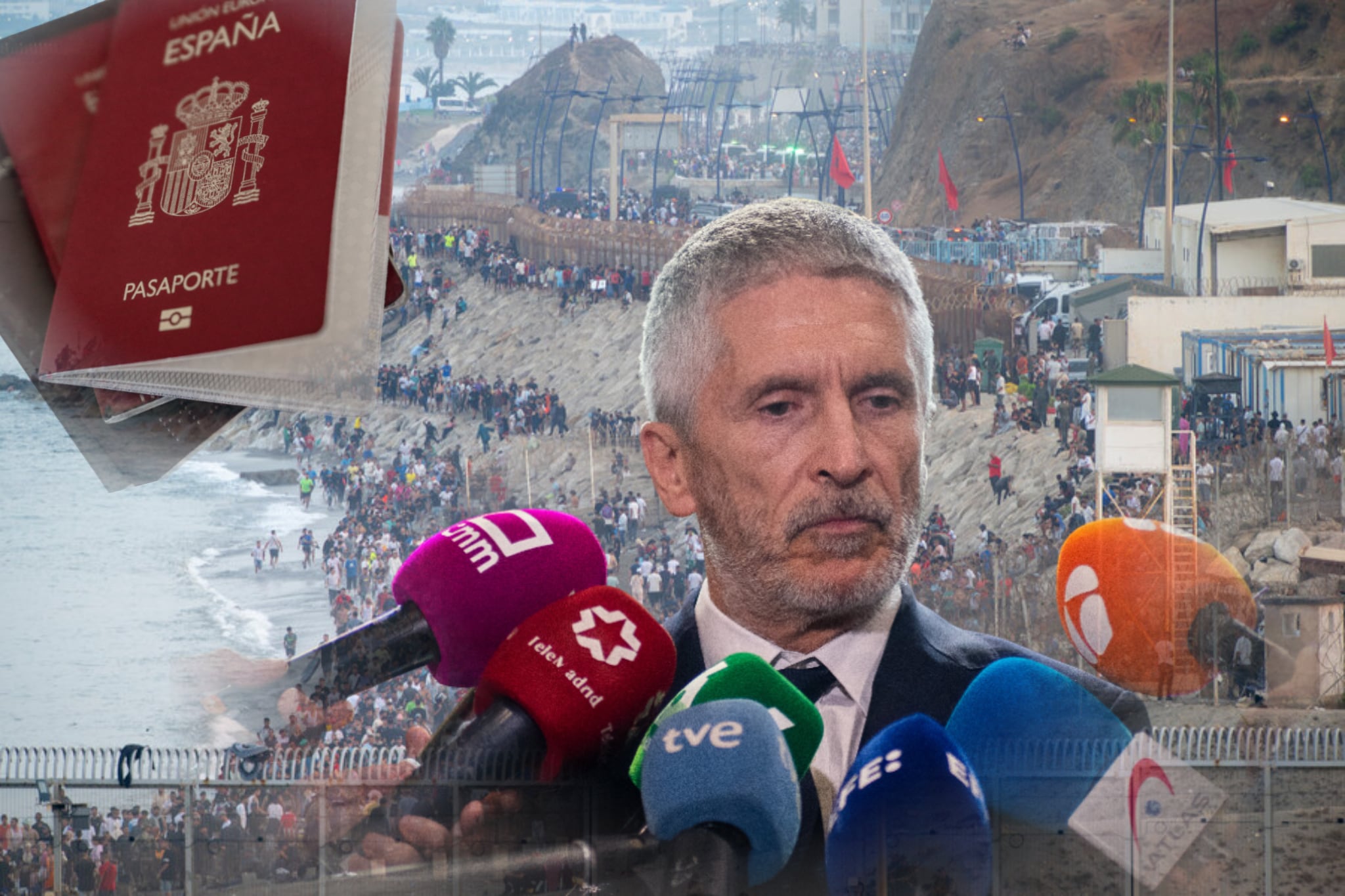 Imagen de Ceuta - España tomada de Colprensa Imagenes (Autor: MARCOS MORENO) // Imagen del ministro español del Interior tomada de Getty imagenes (Autor: Marcos del Mazo) // Imagen del pasaporte español tomada de Getty imagenes (Autor: 	Europa Press News)