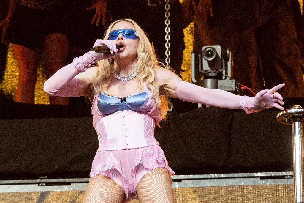 NEW YORK, NEW YORK - JUNE 04: Madonna performs during a surprise concert in Times Square on June 04, 2026 in New York City. (Photo by Santiago Felipe/GC Images)