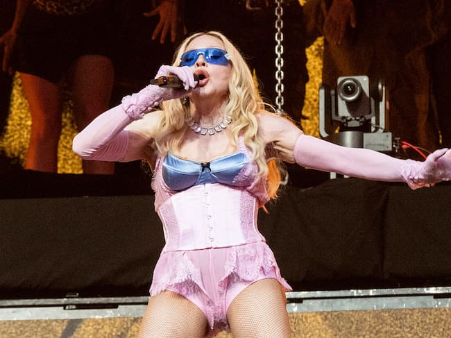 NEW YORK, NEW YORK - JUNE 04: Madonna performs during a surprise concert in Times Square on June 04, 2026 in New York City. (Photo by Santiago Felipe/GC Images)