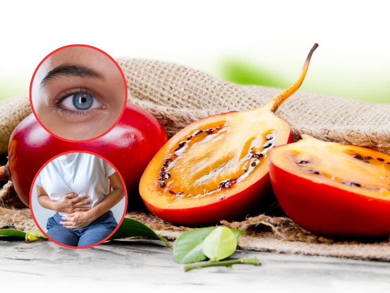 Tomate de árbol completo y partido por la mitad y al lado una persona con dolor de estómago y un ojo humano (Fotos vía Getty Images)